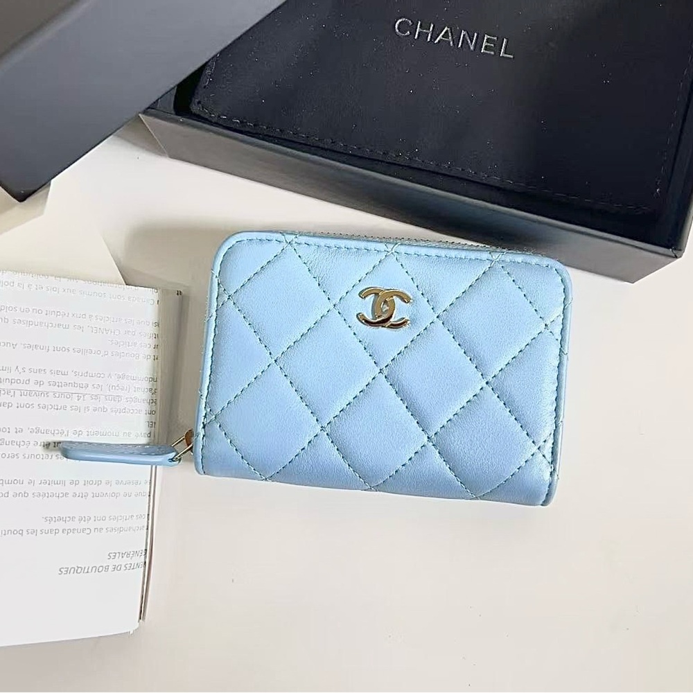 Chanel Lambskin Quilted Zip Around Coin Purse Wallet Light Blue